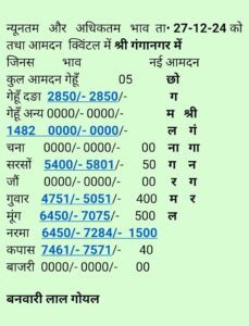 नोहर मंडी और प्रमुख मंडियों के ताजा भाव – 27 दिसंबर 2024